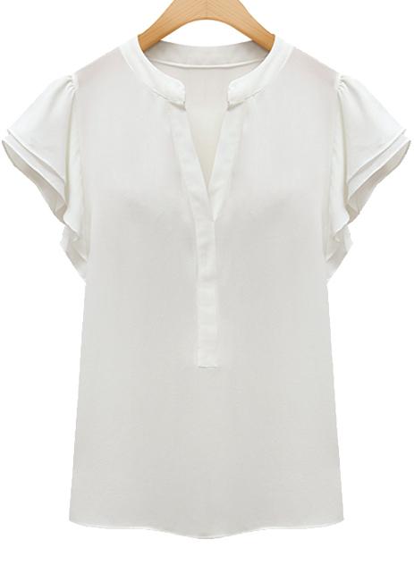 Shein White V Neck Short Sleeve Ruffle Chiffon Blouse