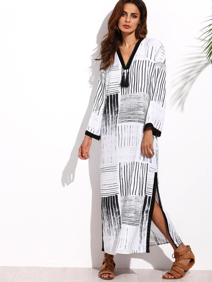 Shein Black And White V Neck Tassel Split Side Long Dress