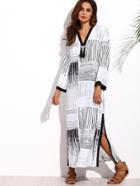 Shein Black And White V Neck Tassel Split Side Long Dress
