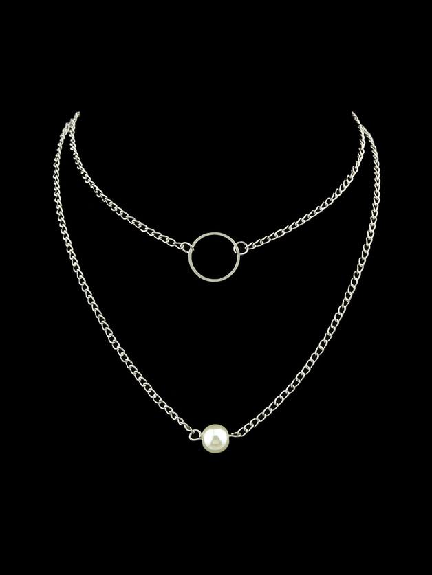 Shein 2pcs/set Silver Color Chain Circle Simulated-pearl Pendant Necklace