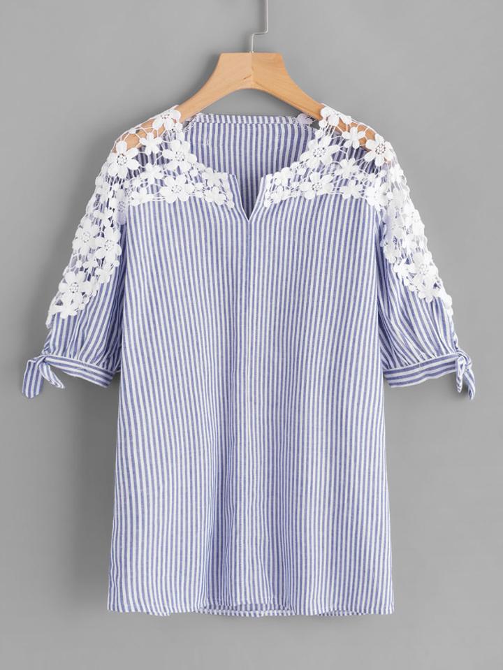 Shein Hollow Out Crochet Panel Tie Cuff Striped Blouse