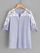 Shein Hollow Out Crochet Panel Tie Cuff Striped Blouse