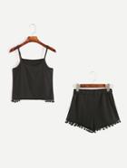 Shein Black Pom Pom Crop Cami Top With Shorts