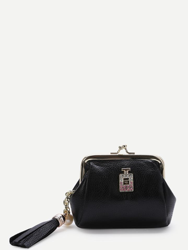 Shein Black Rhinestone Detail Kiss Lock Purse With Tassel