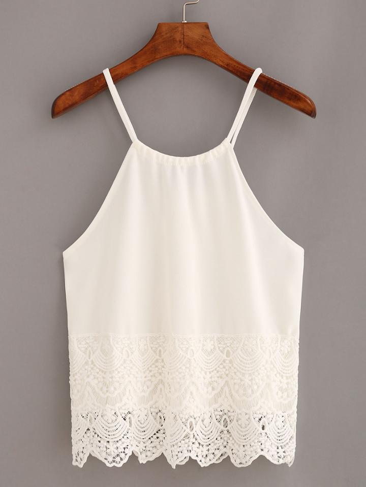 Shein Lace Trimmed Keyhole Drawstring Neck Cami Top - White