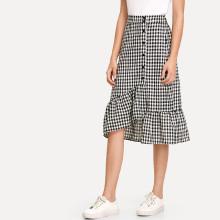 Shein Single Breasted Ruffle Hem Checked Skirt