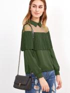 Shein Green Mesh Insert Ruffle Trim Chiffon Blouse