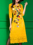 Shein Yellow Embroidered Tie-waist Split Lace Dress