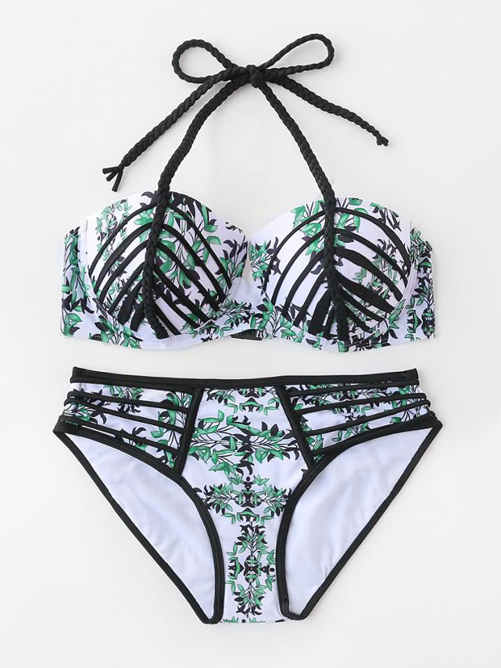 Shein Contrast Trim Braided Strap Bustier Bikini Set