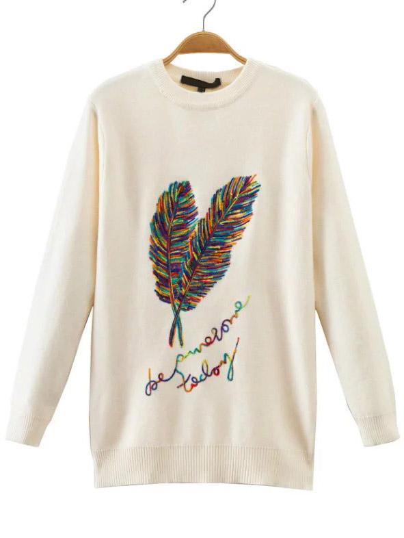 Shein Beige Feather Embroidery Crew Neck Sweater