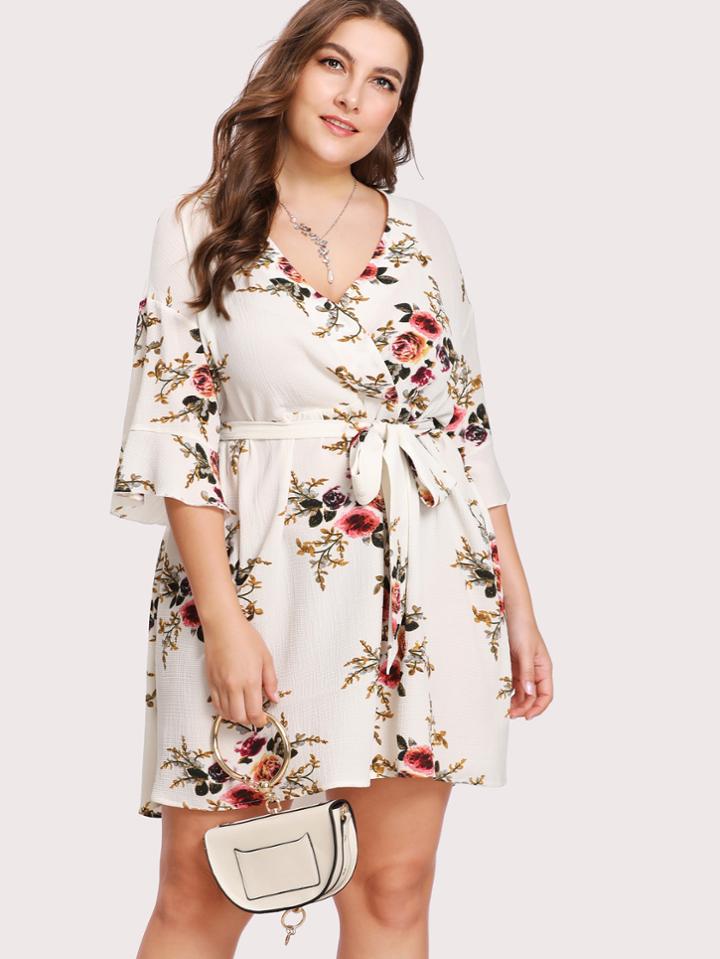 Shein Flounce Sleeve Surplice Wrap Floral Romper