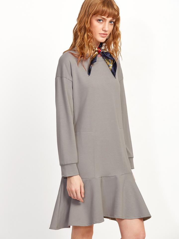 Shein Grey Drop Shoulder Ruffle Hem Dress