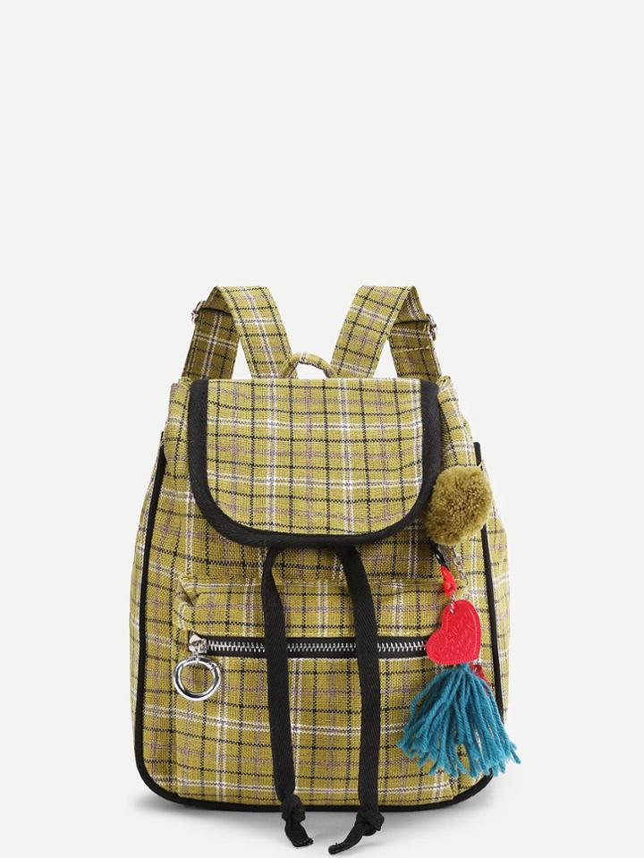 Shein Pom Pom Detail Gingham Print Backpack With Tassel