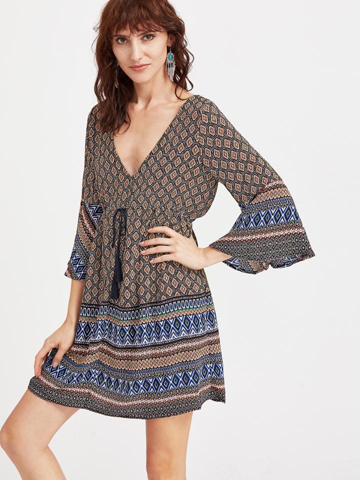 Shein Vintage Print Deep V Neck Open Back Tassel Tie Dress