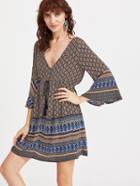 Shein Vintage Print Deep V Neck Open Back Tassel Tie Dress