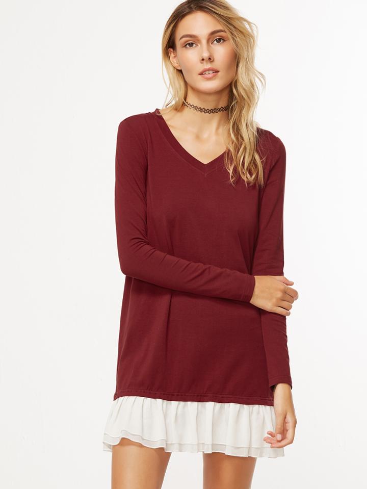Shein Burgundy Contrast Layered Ruffle Hem Dress