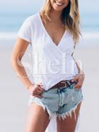 Shein White Short Sleeve V Neck Asymmetric T-shirt