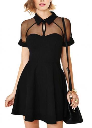 Rosewe Hot Sale Black Mesh Paned Short Sleeve Sexy Dress