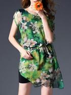 Shein Green Floral Elastic-waist Asymmetric Dress