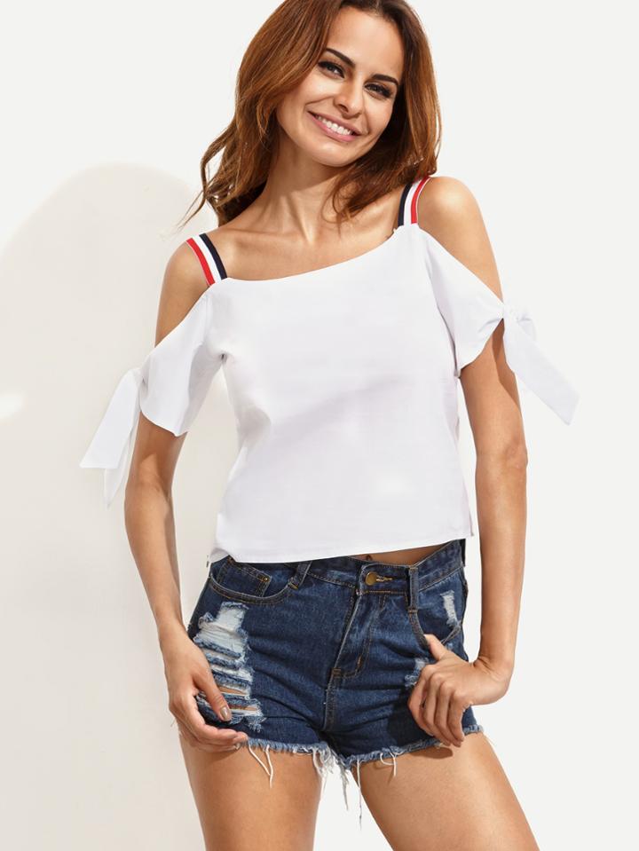 Shein White Striped Strap Tied Cold Shoulder Top