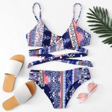 Shein Ornate Print Cross Wrap Bikini Set