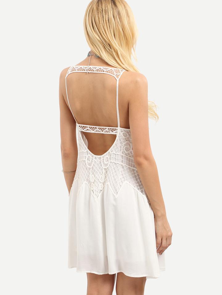 Shein Beige Sleeveless Patchwork Lace Hollow Dress