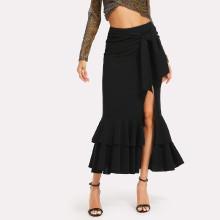 Shein Knot Side Slit Tiered Ruffle Hem Fishtail Skirt