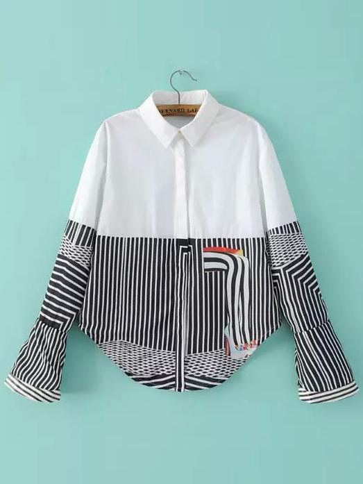 Shein Black White Vertical Stripe Loose Blouse