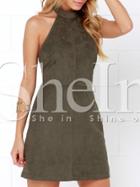 Shein Army Green Cutaway Halter Backless Lace Up Dress