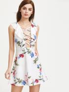 Shein Floral Print Frill Trim Criss Cross Front Dress
