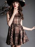 Shein Brown Round Neck Sleeveless Drawstring Print Dress