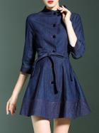 Shein Blue Tie-waist Denim A-line Dress