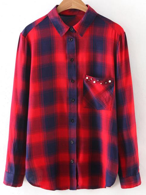 Shein Red Long Sleeve Studded Pocket Plaids Blouse