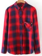 Shein Red Long Sleeve Studded Pocket Plaids Blouse
