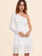Shein White Laser Cutout One Shoulder Pleated Dress