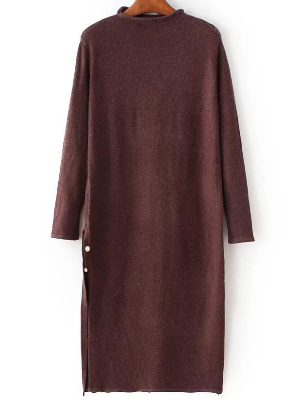 Shein Brown Mock Neck Side Slit Knit Dress