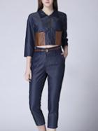 Shein Navy Lapel Length Sleeve Contrast Pu Drawstring Top With Pant