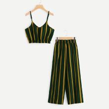 Shein Striped Crop Cami Top With Wide Leg Pants