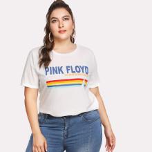 Shein Plus Letter And Striped Print Tee