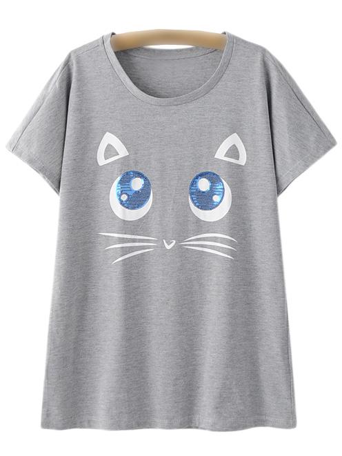 Shein Grey Short Sleeve Cat Sequined Casual T-shirt
