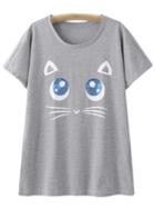 Shein Grey Short Sleeve Cat Sequined Casual T-shirt