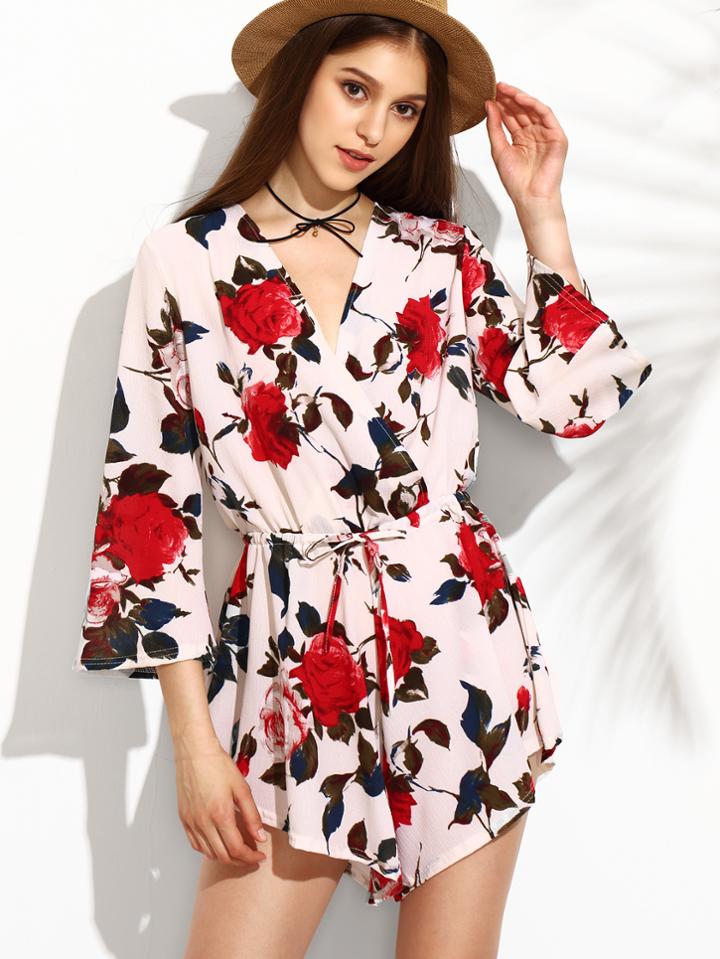 Shein White Flower Printed Warp Romper