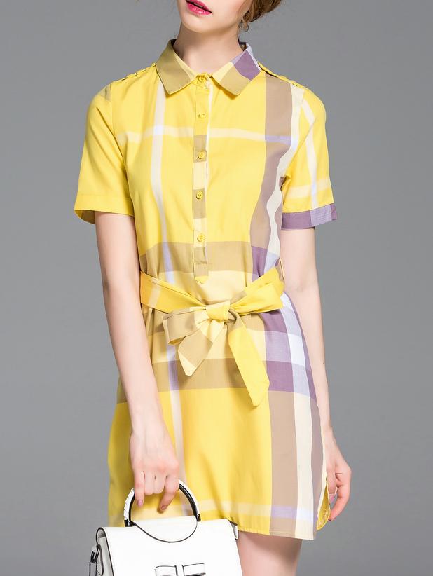 Shein Yellow Lapel Plaid Tie-waist Dress