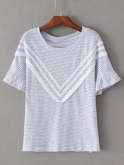 Shein Blue Contrast V Shape Striped Bell Sleeve Blouse