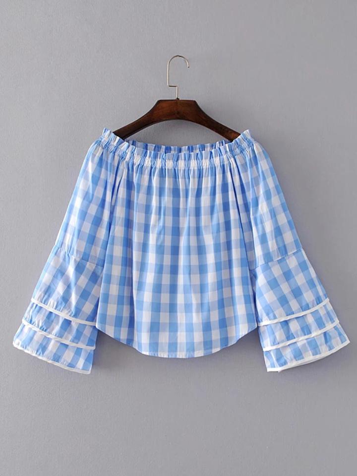Shein Boat Neckline Layered Sleeve Gingham Top