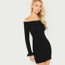 Shein Lettuce Trim Ribbed Knit Bardot Dress