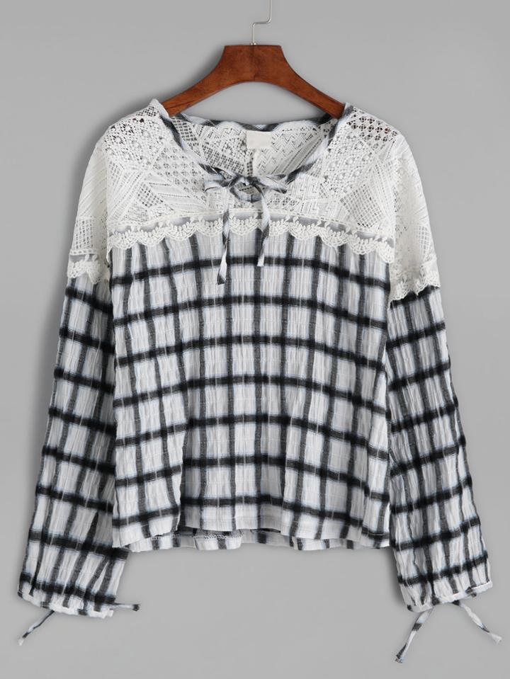 Shein Gingham Plaid Contrast Crochet Bow Tie Blouse