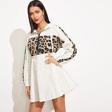 Shein Quarter Zip Contrast Leopard Hooded Dress