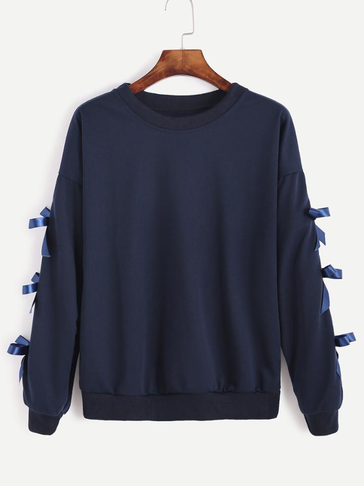 Shein Navy Drop Shoulder Bow Tie Sleeve Sweatshirt