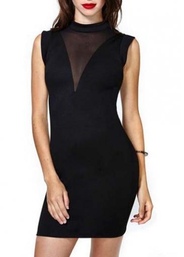 Rosewe Women Essential Black Gauze Paned Sleeveless Bodycon Dress